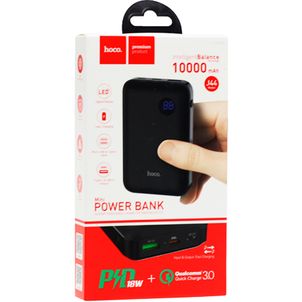 Аккумулятор внешний универсальный Hoco J44-10000 mAh PD+QC3 Mobile Power Bank (USB: 3.6-6.5V/3.0A) Black Черный