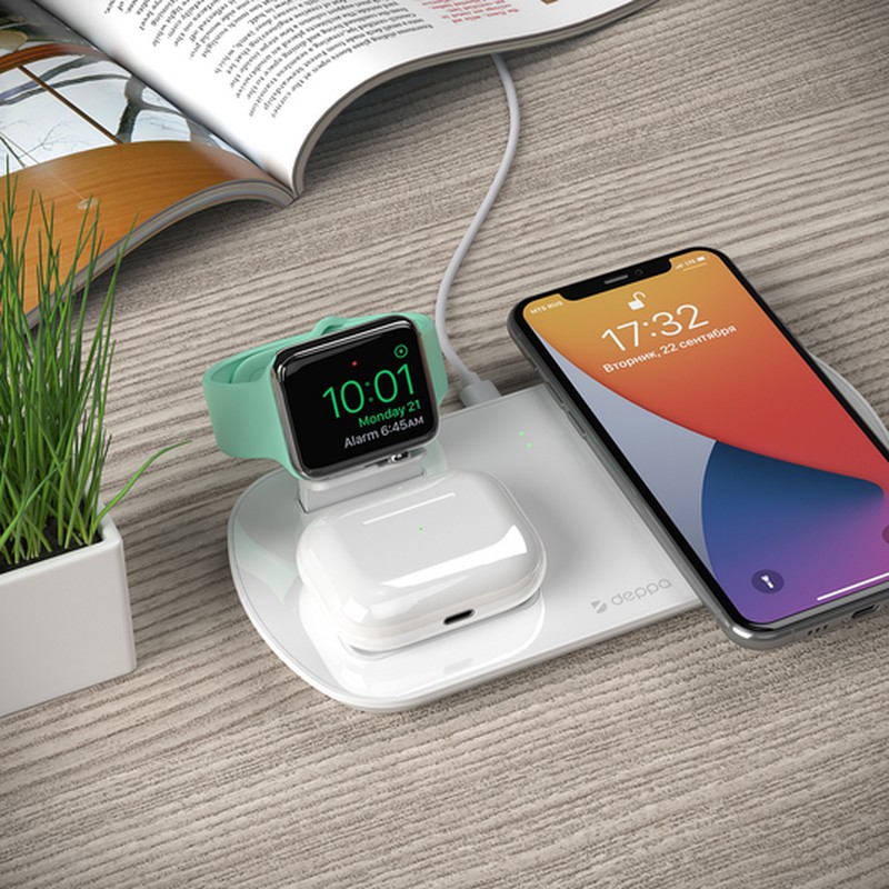 Беспроводное зарядное устройство Deppa 3в1 (D-24010) для Apple iPhone/ Watch (1-5ser)/ Air Pods 17.5W Белый