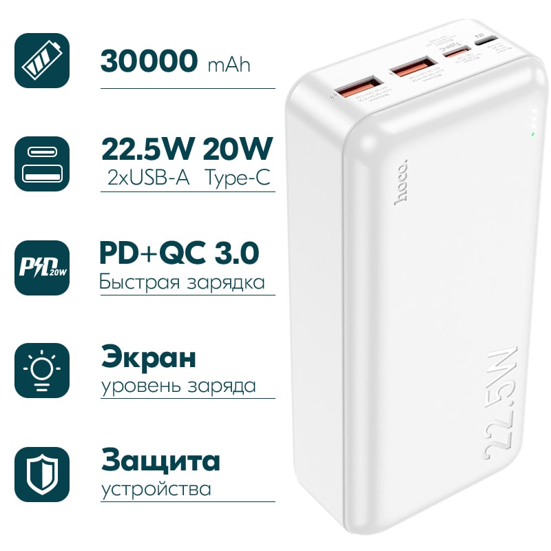 Аккумулятор внешний универсальный Hoco J101B 30000 mAh Astute PD22.5W+QC3.0 power bank (2USB:5V-4.5A/ Type-C: 5V-2.4A) Белый