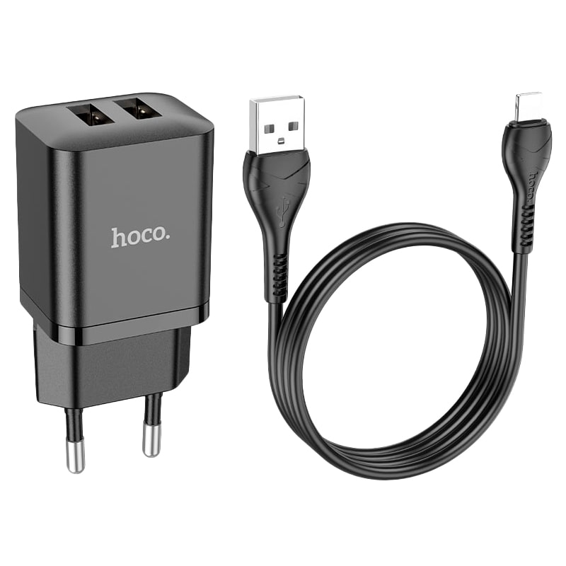 Адаптер питания Hoco N25 Maker dual port fast charger c кабелем Lightning (2USB: 5V max 2.1A) Черный