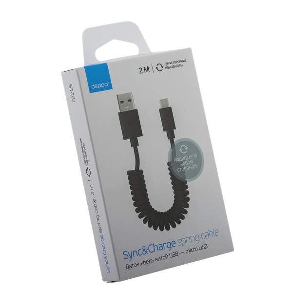 USB дата-кабель Deppa D-72215 витой USB - microUSB 2-сторонние коннекторы (USB 2.0/ 2А) 2м Черный