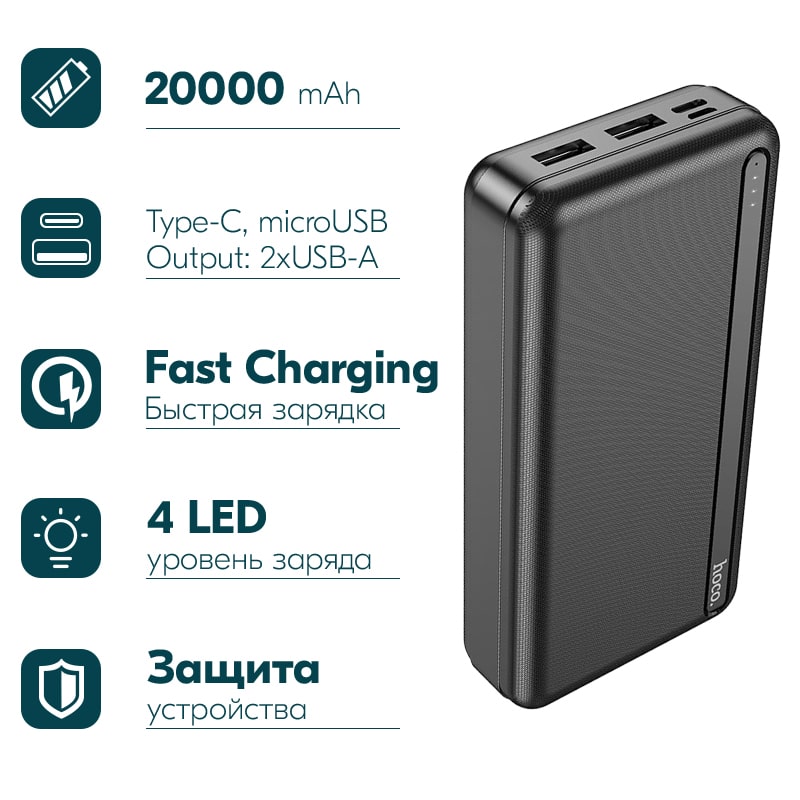 Аккумулятор внешний универсальный Hoco J91A 20000 mAh Strong and Wear-Resistant power bank (2USB:5V-2.1A) Черный