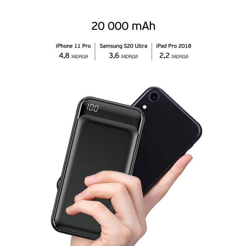 Аккумулятор внешний универсальный Deppa NRG Turbo Compact 20000 mAh QC 3.0 power bank 18 W D-33556 (2USB: 5V-2.1A) Графитовый