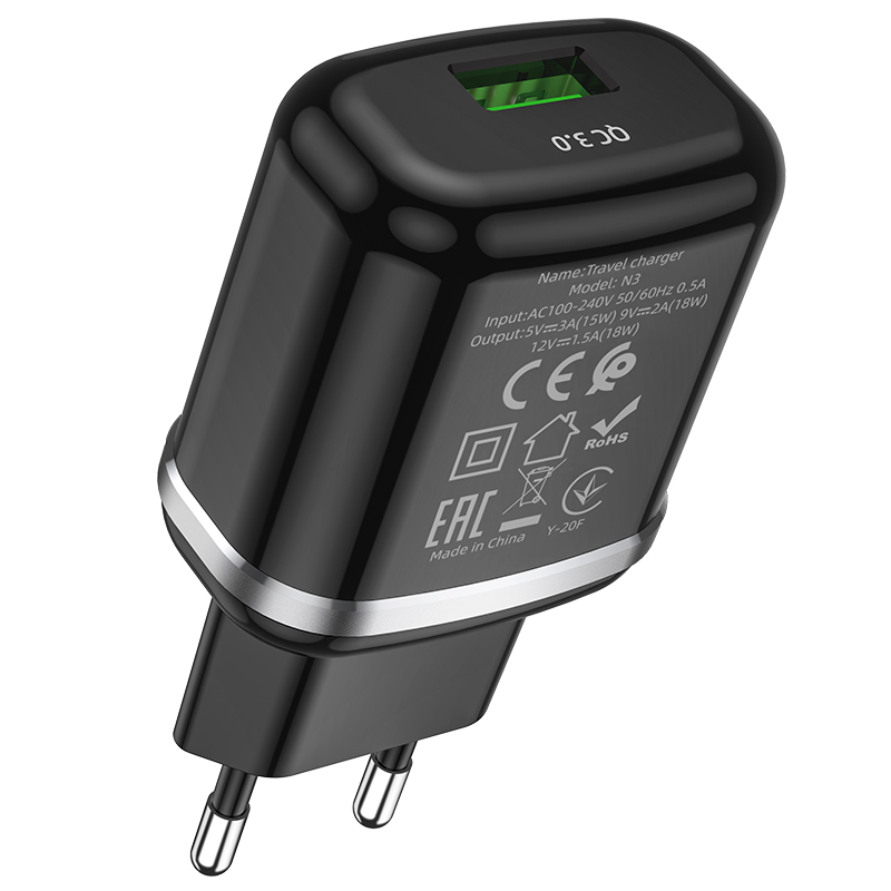 Адаптер питания Hoco N3 Special single port QC3.0 charger Apple&Android (USB: 3.6-6.5V 3.0A/6.6-9V 2.0A/ 18W) Черный