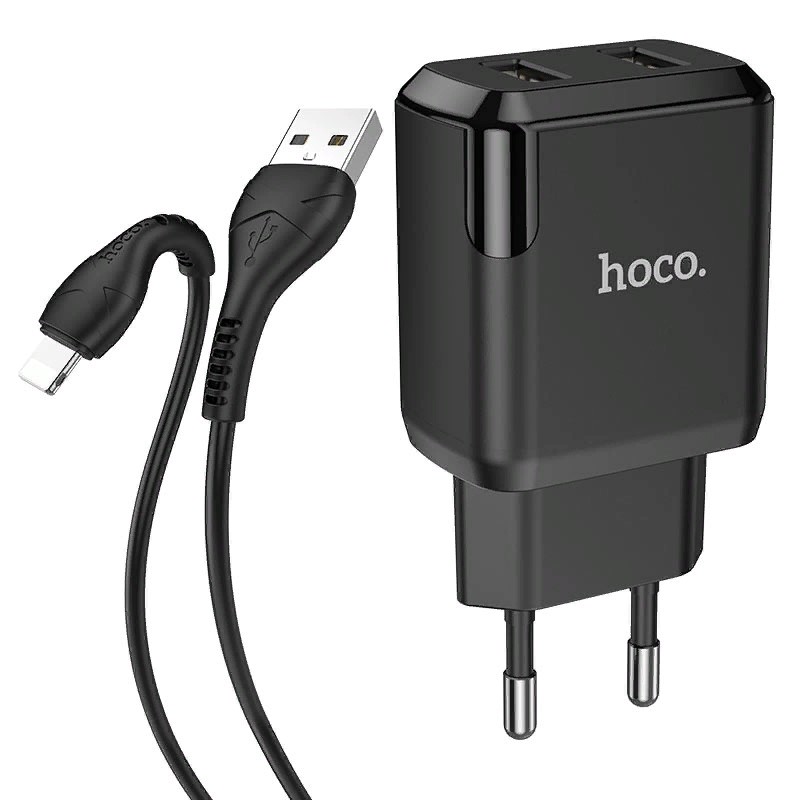 Адаптер питания Hoco N7 Speedy dual port charger с кабелем Lightning (2USB: 5V max 2.1A) Черный