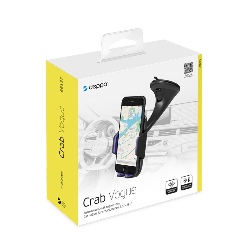 Автомобильный держатель Deppa Crab Vogue D-55127 (до 200 гр.) для смартфонов 3.5"-5.9" c присоской Черный