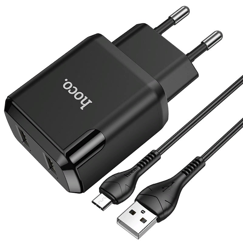 Адаптер питания Hoco N7 Speedy dual port charger с кабелем MicroUSB (2USB: 5V max 2.1A) Черный