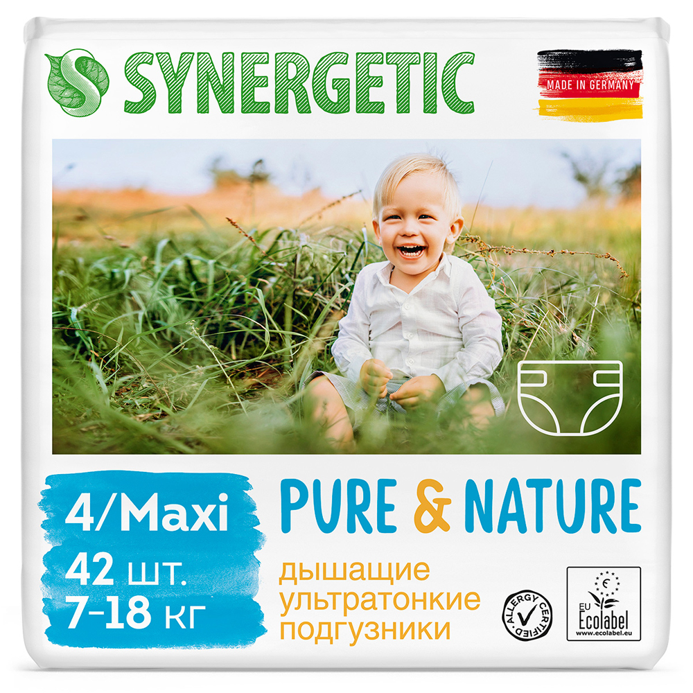 Подгузники детские "Pure&Nature", дышащие, размер 4/maxi, 7-18 кг Synergetic 1260 г 42 шт