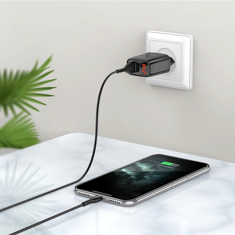 Адаптер питания Hoco C86A lllustrious charger с кабелем Lightning (2USB: 5V max 2.4A) с дисплеем Черный