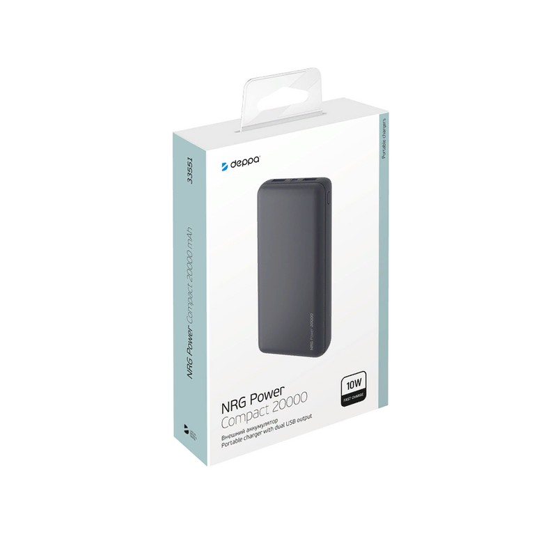 Аккумулятор внешний универсальный Deppa NRG 20000 mAh power bank D-33551 (2USB: 5V-2.1A) Графитовый