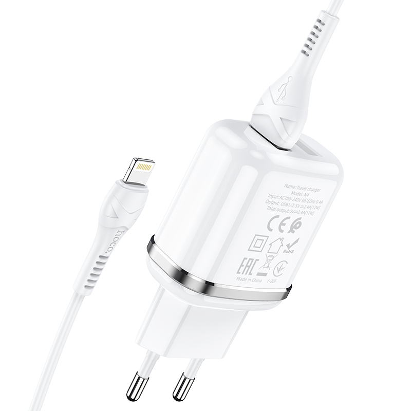 Адаптер питания Hoco N4 Aspiring dual port charger с кабелем Lightning (2USB: 5V max 2.4A) Белый