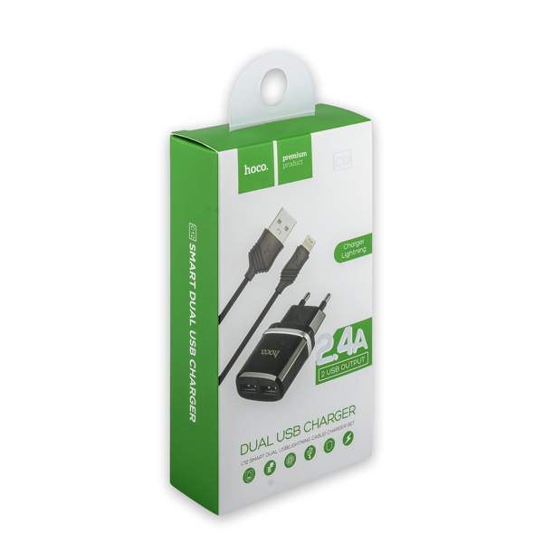 Адаптер питания Hoco C12 Smart dual USB charger set + Cable lightning (2USB: 5V max 2.4A) Черный