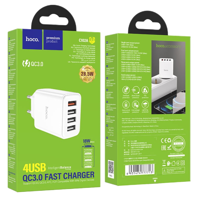 Адаптер питания Hoco C102A Fuerza QC3.0 fast charger 18W (4USB: 5V max 3.0A) Белый