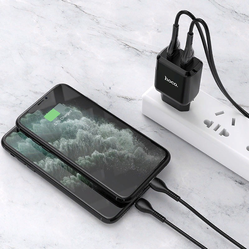 Адаптер питания Hoco N7 Speedy dual port charger с кабелем Lightning (2USB: 5V max 2.1A) Черный