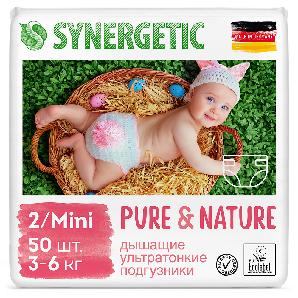 Подгузники детские "Pure&Nature", дышащие, размер 2/mini, 3-6 кг Synergetic 1070 г 50 шт