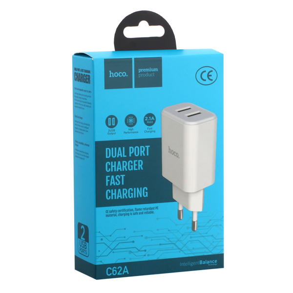 Адаптер питания Hoco C62A Victoria dual port charger (2USB: 5V max 2.1A) Белый