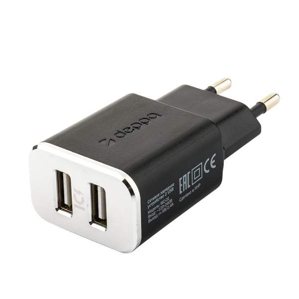 Адаптер питания Deppa Wall charger 2.4А D-11382, дата-кабель Type-C 1.2m (2USB: 5V 2.4A) Черный