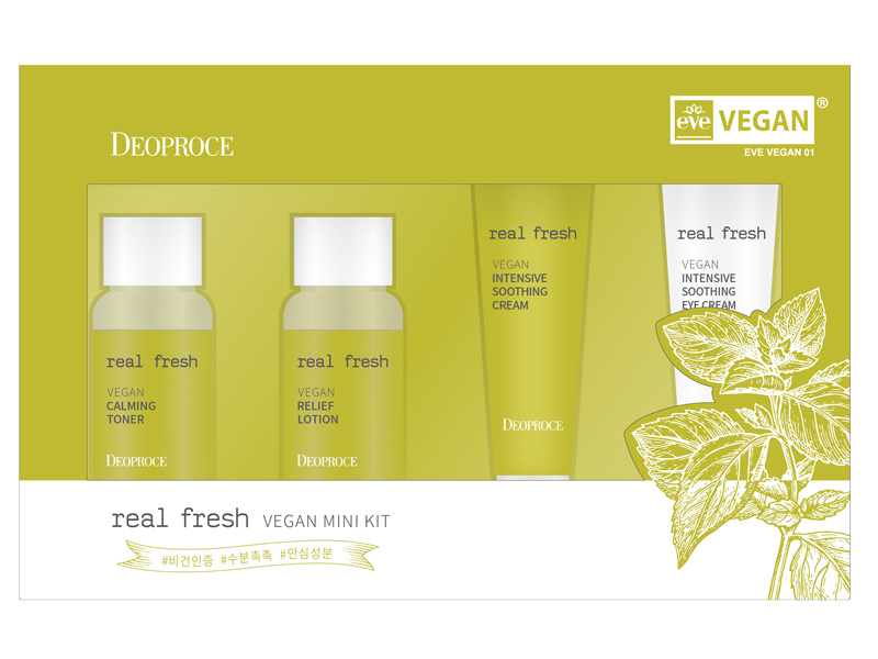 DEOPROCE REAL FRESH VEGAN MINI KIT Набор: Увлажняющий лосьон для лица с растительными экстрактами, Успокаивающий тонер для лица с растительными экстра