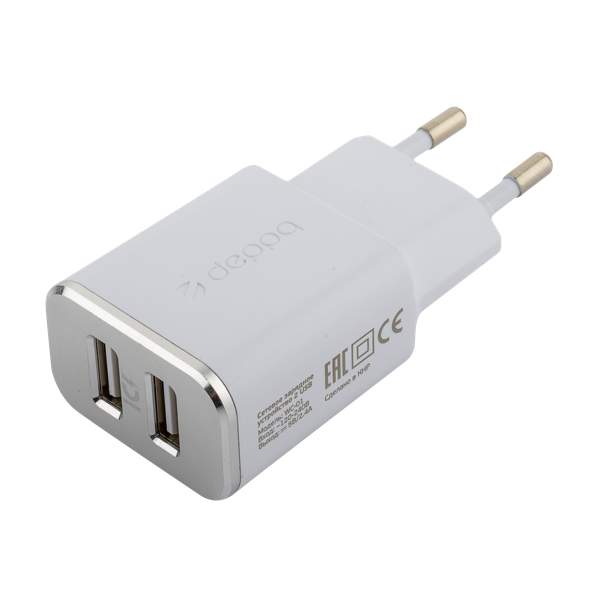 Адаптер питания Deppa Ultra MFI 2.4A D-11383, дата-кабель 8-pin Lightning 1.2m (2USB: 5V 2.4A) Белый