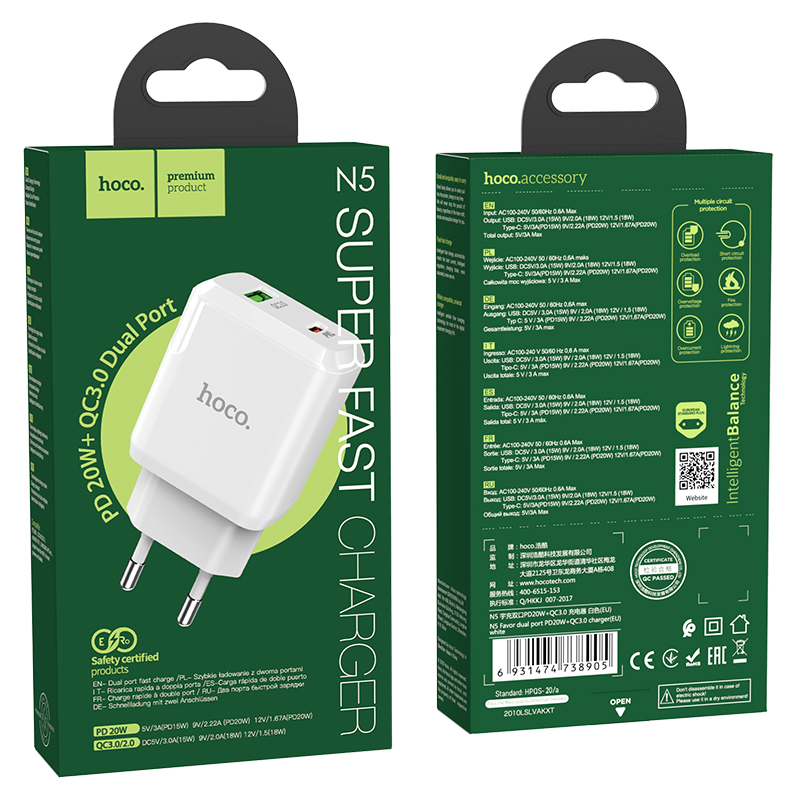 Адаптер питания Hoco N5 Favor dual port PD+QC 3.0 charger (USB: 5V max 3.0A/ 20Вт) Белый