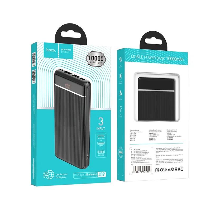 Аккумулятор внешний универсальный Hoco J59 10000 mAh Famous mobile power bank (2USB:5V-2.0A Max) Черный