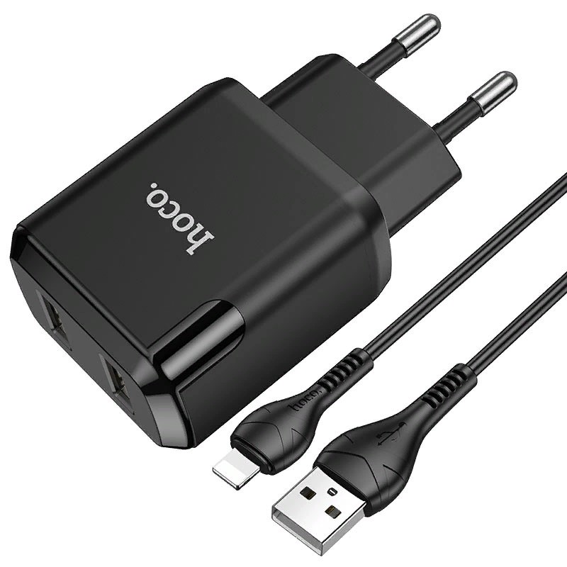 Адаптер питания Hoco N7 Speedy dual port charger с кабелем Lightning (2USB: 5V max 2.1A) Черный