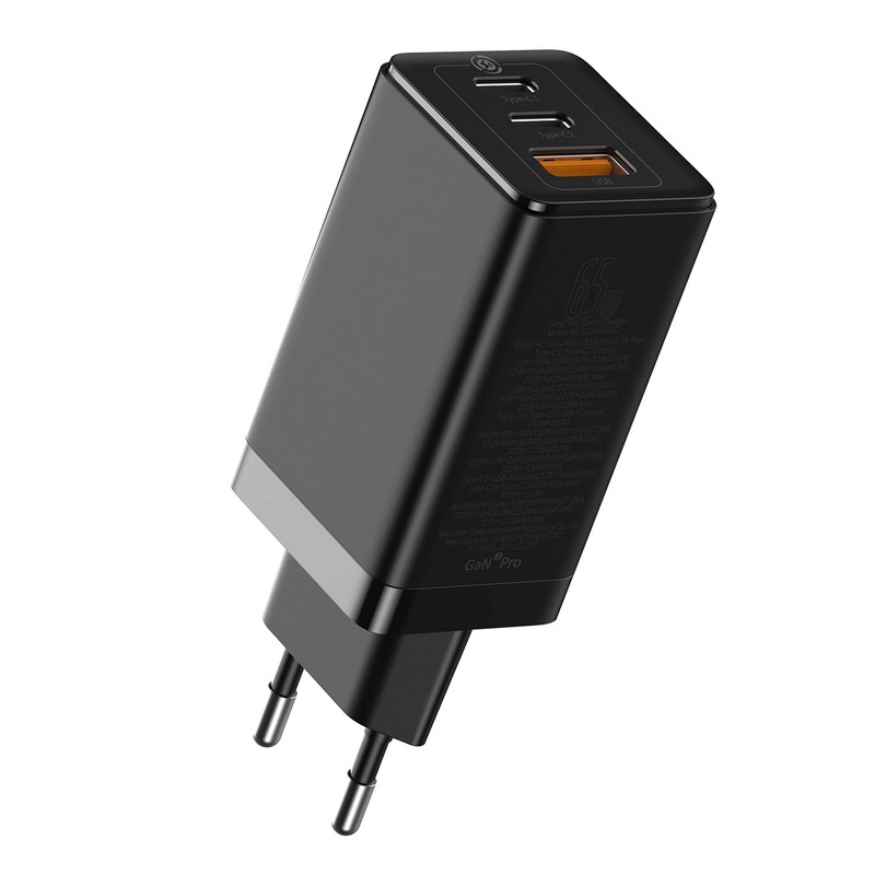 Адаптер питания Baseus Gan2 Pro 65W Quick Charger A+C EU (USB+2Type-C: 5V 3.0A) CCGAN2P-B01 Черный