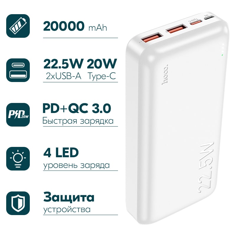 Аккумулятор внешний универсальный Hoco J101А 20000 mAh Astute PD22.5W+QC3.0 power bank (2USB:5V-4.5A/ Type-C: 5V-2.4A) Белый