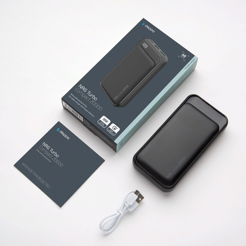 Аккумулятор внешний универсальный Deppa NRG Turbo Compact 20000 mAh QC 3.0 power bank 18 W D-33556 (2USB: 5V-2.1A) Графитовый