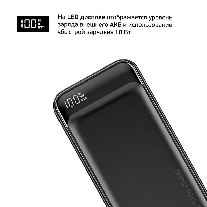 Аккумулятор внешний универсальный Deppa NRG Turbo Compact 20000 mAh QC 3.0 power bank 18 W D-33556 (2USB: 5V-2.1A) Графитовый