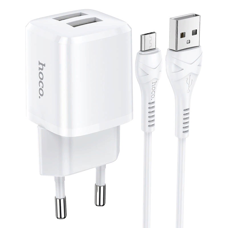 Адаптер питания Hoco N8 Briar dual port charger с кабелем MicroUSB (2USB: 5V max 2.4A) Белый