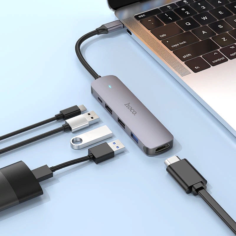 Переходник Hoco HB27 Type-C multifunction adapter PD, USB3.0, 2хUSB2.0, HDMI, 4К при 30 Гц, 60W, для MacBook Графитовый