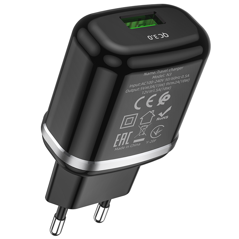 Адаптер питания Hoco N3 Special single port QC3.0 charger с кабелем MicroUSB (USB: 3.6-6.5V 3.0A/6.6-9V 2.0A/ 18W) Черный