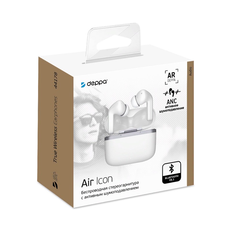 Bluetooth-гарнитура Deppa Air Icon TWS BT 5.1 (D-44178) с зарядным устройством 350 мАч Белый