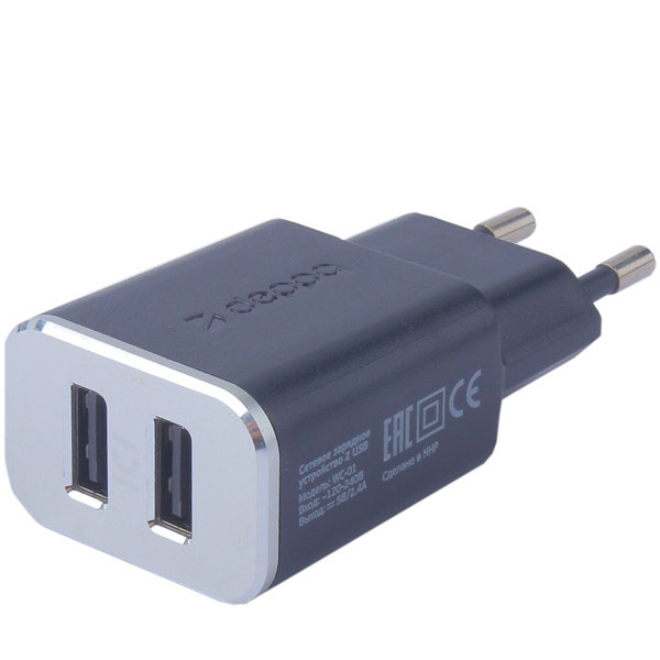 Адаптер питания Deppa Wall charger 2.4А D-11380 (2USB: 5V 2.4A) Черный