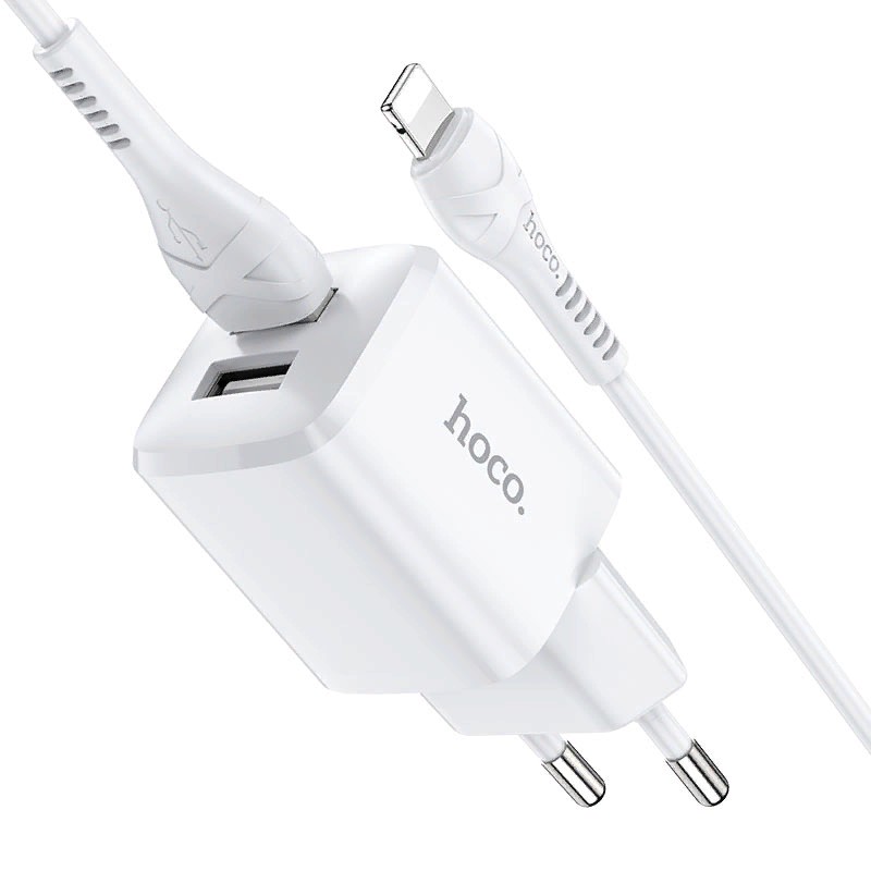 Адаптер питания Hoco N8 Briar dual port charger с кабелем Lightning (2USB: 5V max 2.4A) Белый