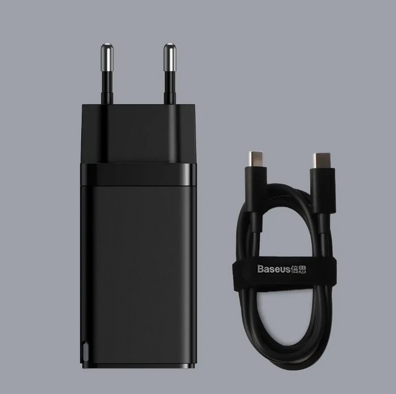 Адаптер питания Baseus Gan3 Pro 65W Quick Charger A+C EU с кабелем Type-C to Type-C 1m 100W (USB+2Type-C: 5V 3.0A) CCGP050101 Черный