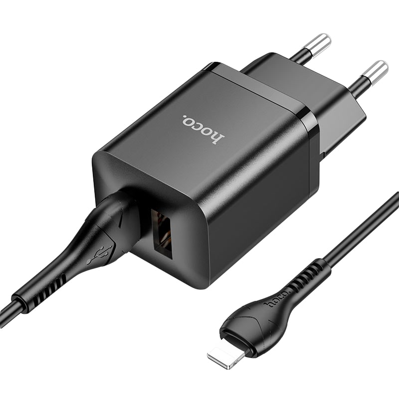 Адаптер питания Hoco N25 Maker dual port fast charger c кабелем Lightning (2USB: 5V max 2.1A) Черный