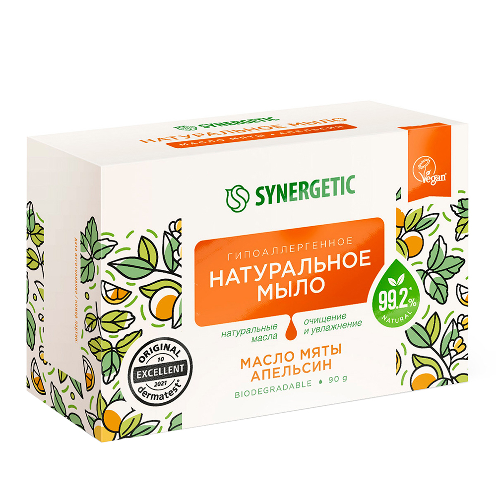 Мыло туалетное "Масло мяты и апельсин", гипоаллергенное Synergetic 90 г