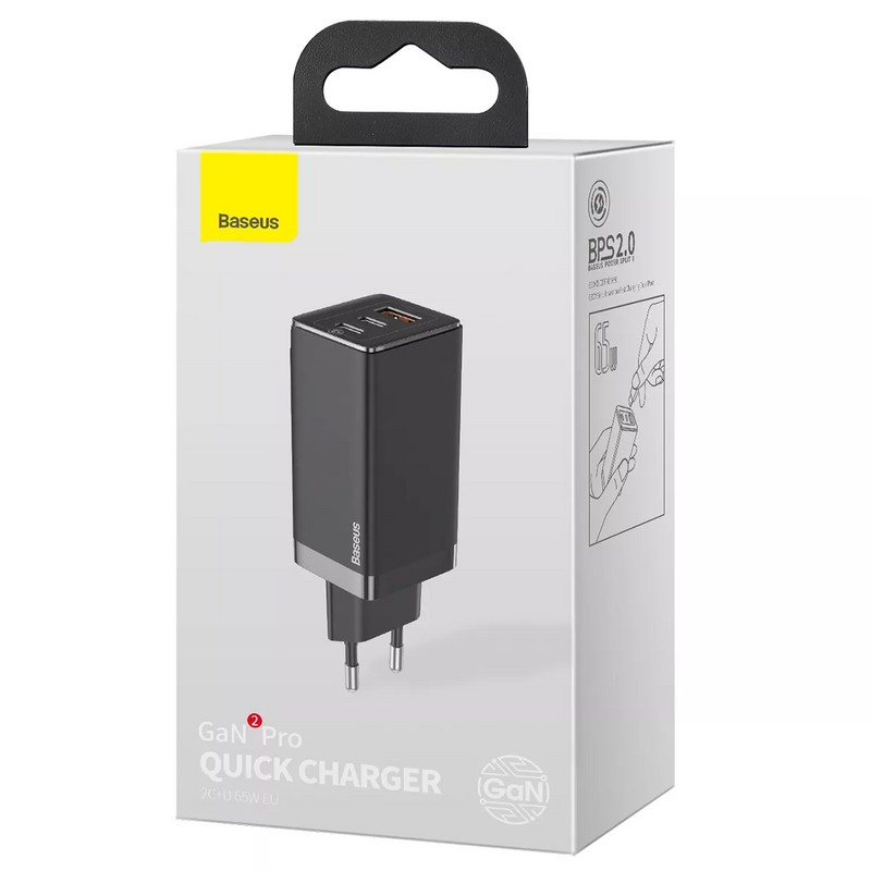 Адаптер питания Baseus Gan2 Pro 65W Quick Charger A+C EU (USB+2Type-C: 5V 3.0A) CCGAN2P-B01 Черный