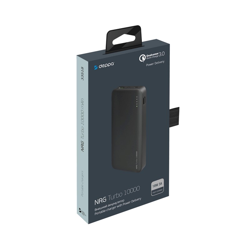 Аккумулятор внешний универсальный Deppa NRG Turbo 10000 mAh - 18W, QC3.0 D-33518 (USB: 5-6V/3A, 9V/2A) Черный