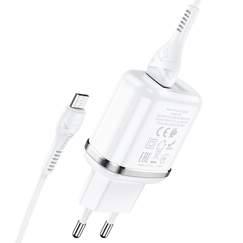 Адаптер питания Hoco N4 Aspiring dual port charger с кабелем MicroUSB (2USB: 5V max 2.4A) Белый