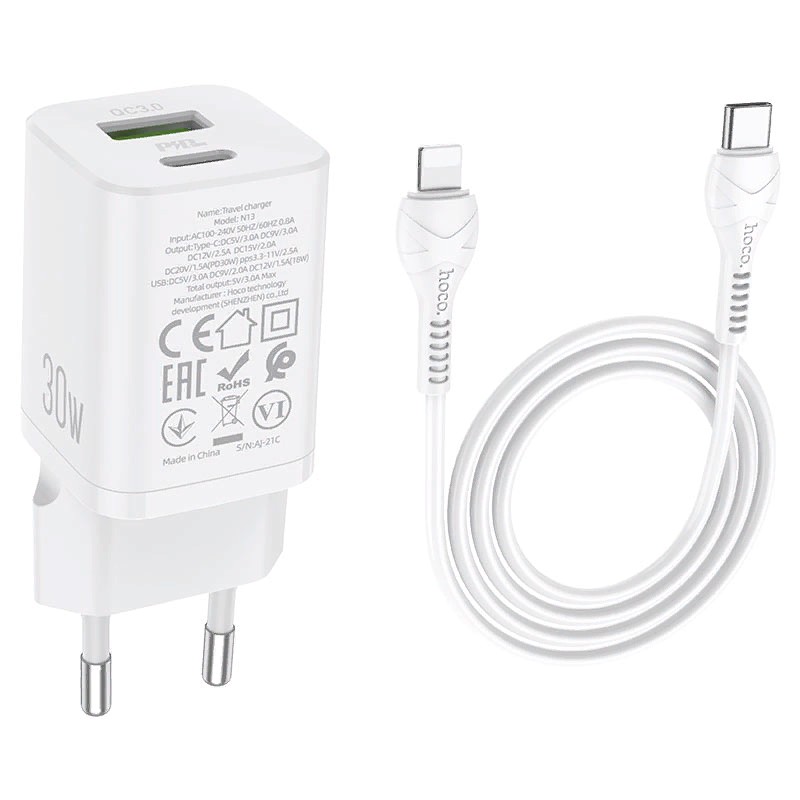 Адаптер питания Hoco N13 Bright PD30W+QC3.0 charger с кабелем Type-C to Lightning (USB: 5V max 3.0A/ 30Вт) Белый