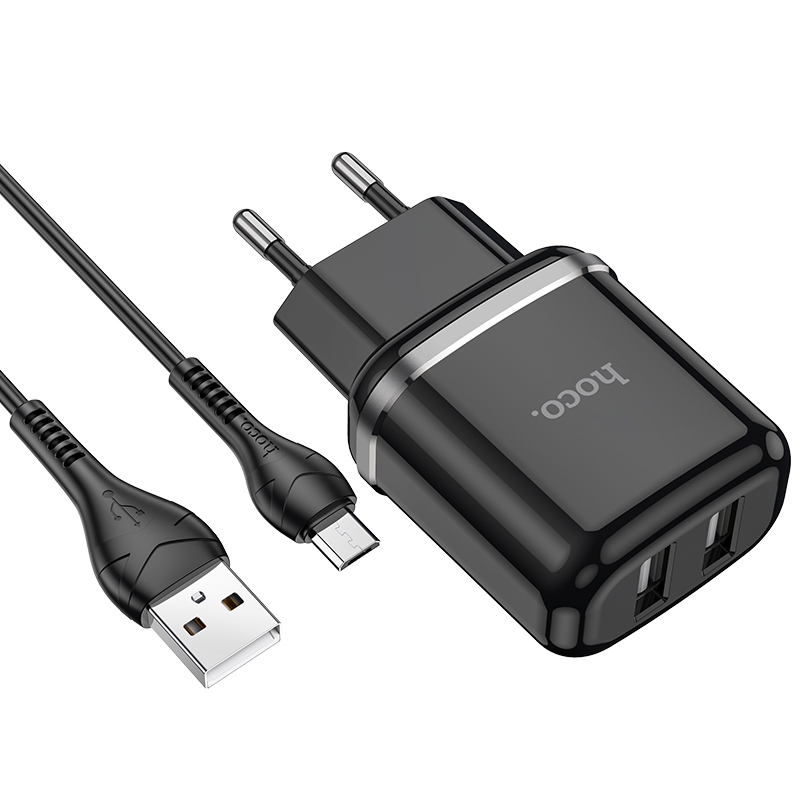 Адаптер питания Hoco N4 Aspiring dual port charger с кабелем MicroUSB (2USB: 5V max 2.4A) Черный