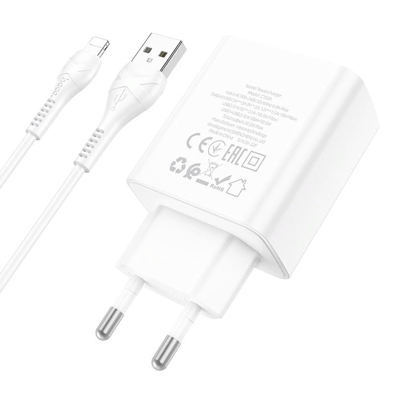 Адаптер питания Hoco C102A Fuerza QC3.0 fast charger 28.5W c кабелем Lightning (4USB: 5V max 2.1A) Белый