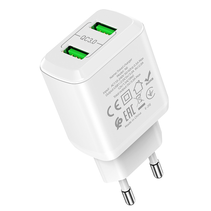 Адаптер питания Hoco N6 Charmer dual port QC3.0 charger (2USB: 5V max 3.0A) 18W Белый