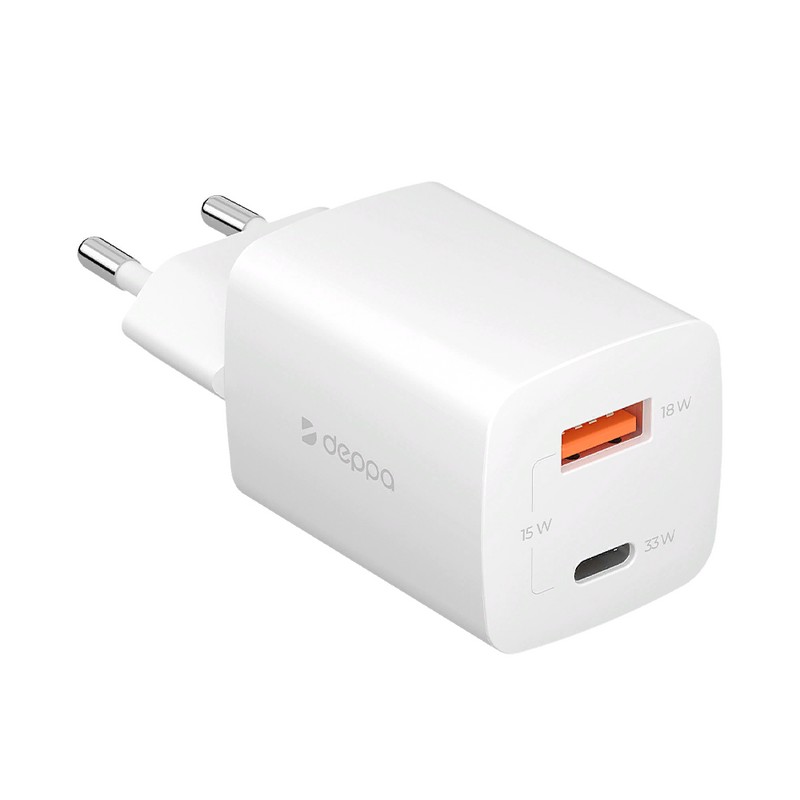 Адаптер питания Deppa USB-A + Type-C Power Delivery/ QC3.0 GAN 33Вт D-11432 (5В/ 3А, 9В/ 2А) Белый