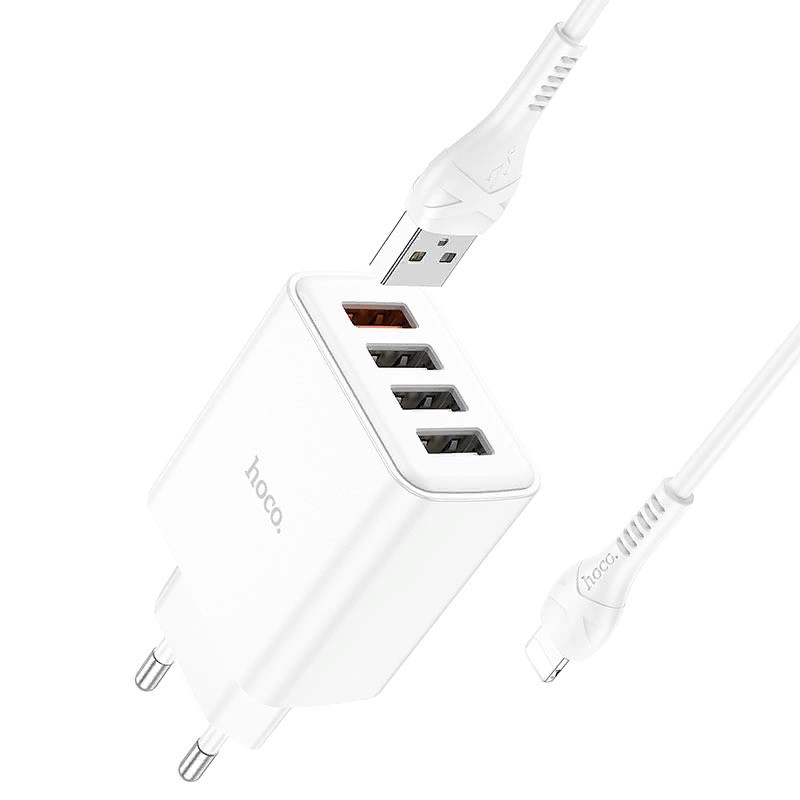 Адаптер питания Hoco C102A Fuerza QC3.0 fast charger 28.5W c кабелем Lightning (4USB: 5V max 2.1A) Белый