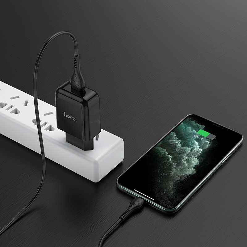 Адаптер питания Hoco N2 Vigour single port charger с кабелем Lightning (USB: 5V max 2.1A) Черный