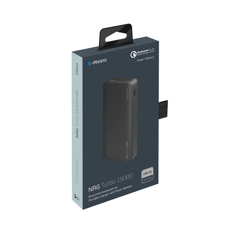 Аккумулятор внешний универсальный Deppa NRG Turbo 15000 mAh - 18W, QC3.0 D-33519 (USB: 5-6V/3A, 9V/2A) Черный